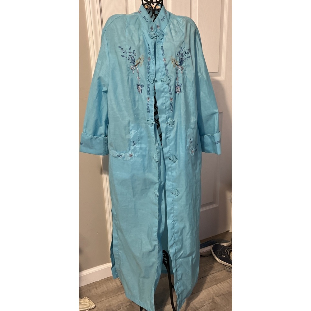 VTG‎ | Lyre Bird Womens Kimono Robe Teal Blue Green Embroidered